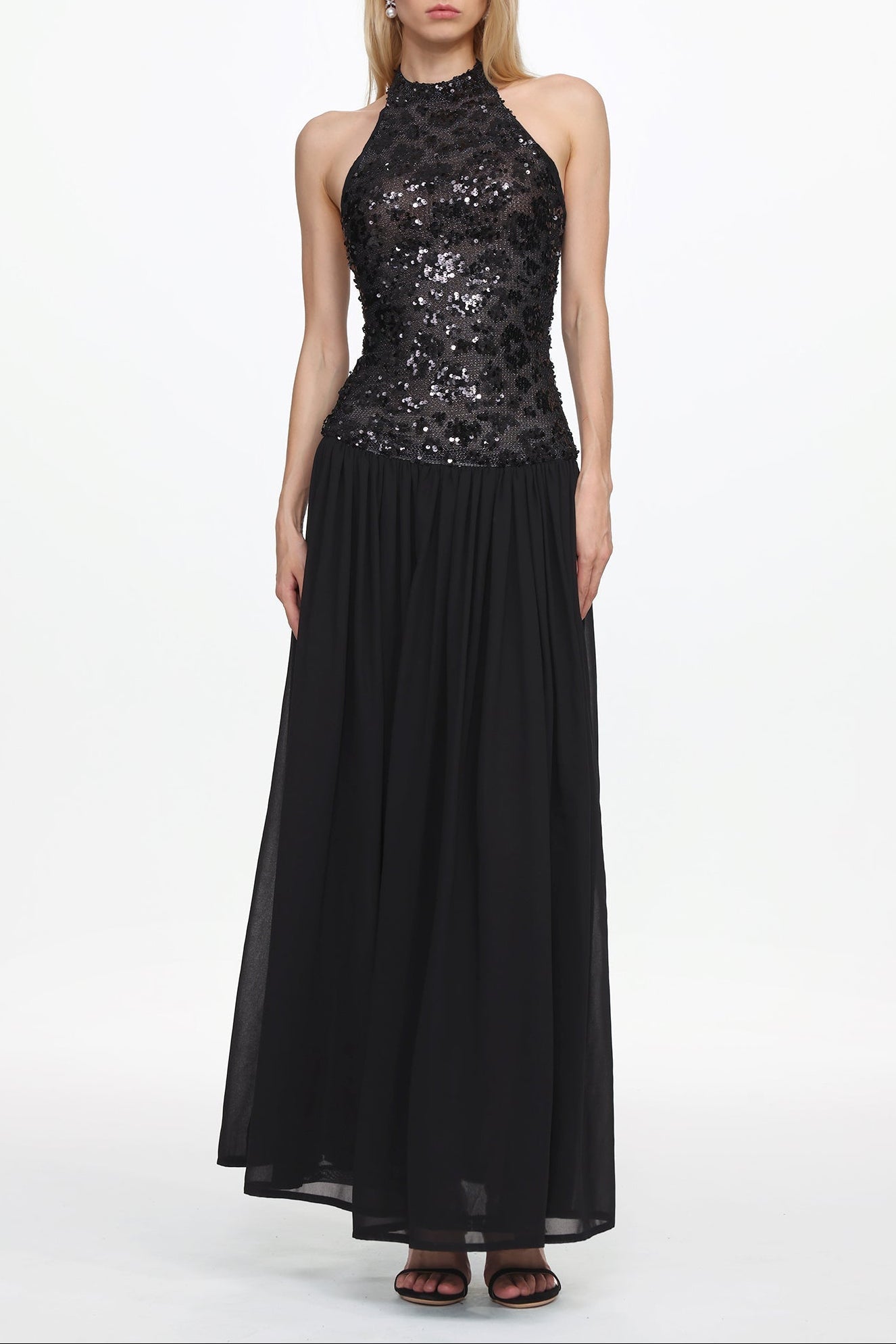 Encho Halter Ruched Mesh Sequin Maxi Dress Avalabel