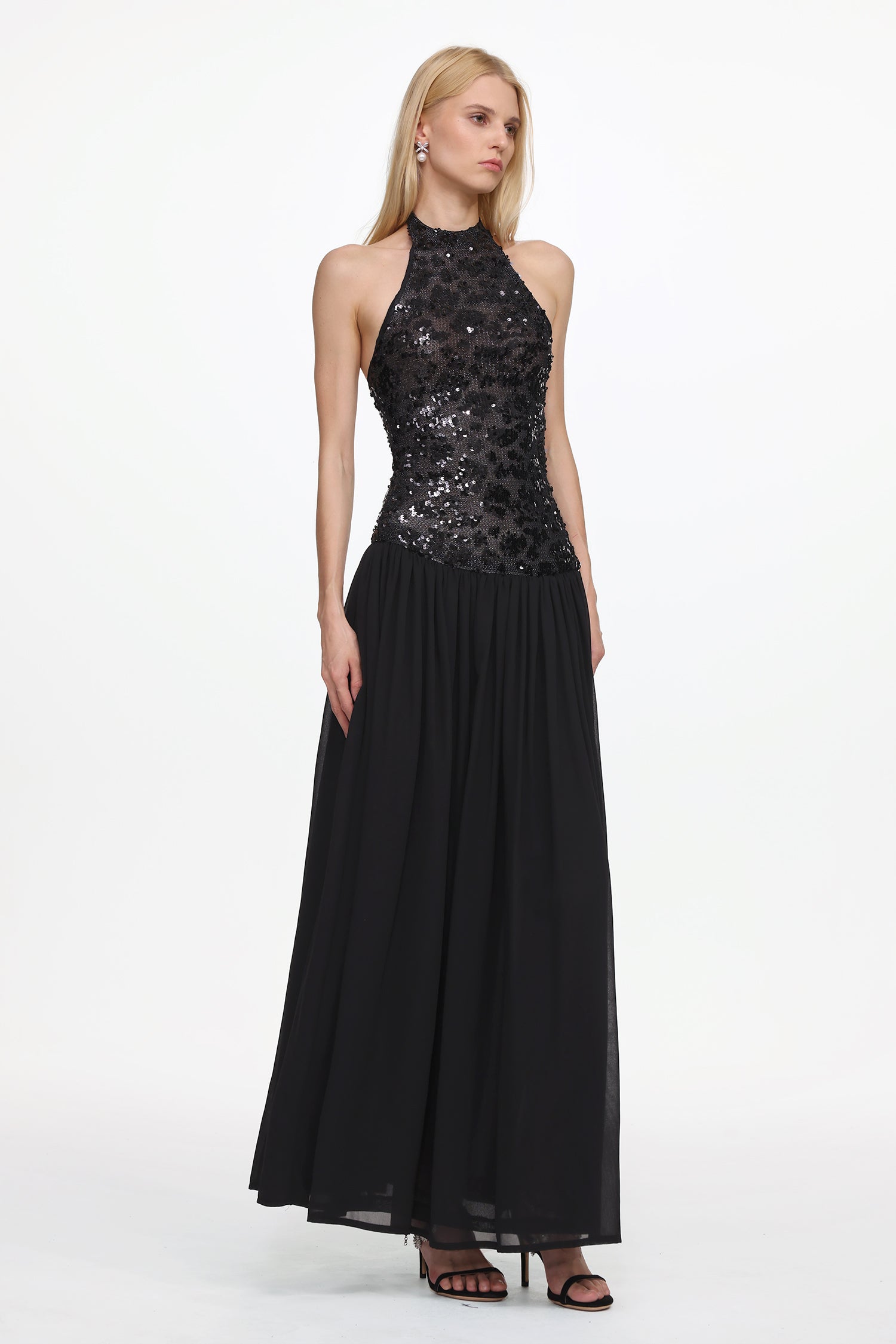 Encho Halter Ruched Mesh Sequin Maxi Dress Avalabel