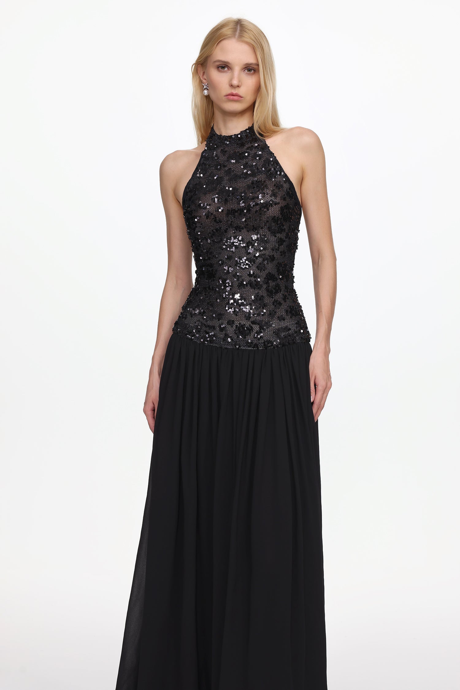 Encho Halter Ruched Mesh Sequin Maxi Dress Avalabel