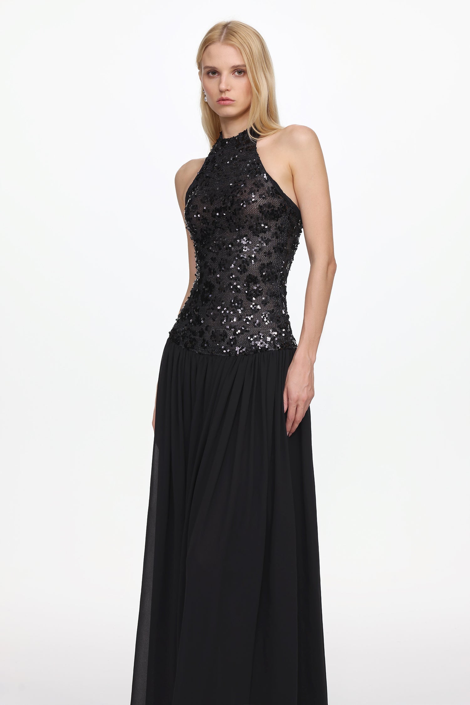 Encho Halter Ruched Mesh Sequin Maxi Dress Avalabel