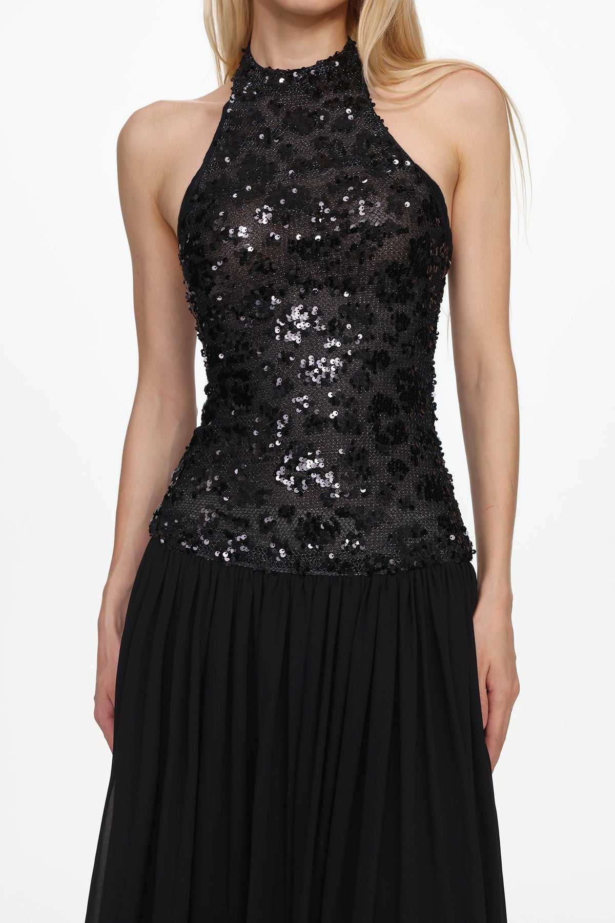 Encho Halter Ruched Mesh Sequin Maxi Dress Avalabel
