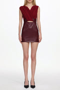 Ferina V Neck Ruched Faux Leather Mini Dress Avalabel