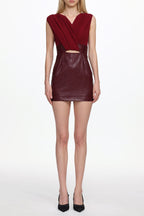 Ferina V Neck Ruched Faux Leather Mini Dress Avalabel