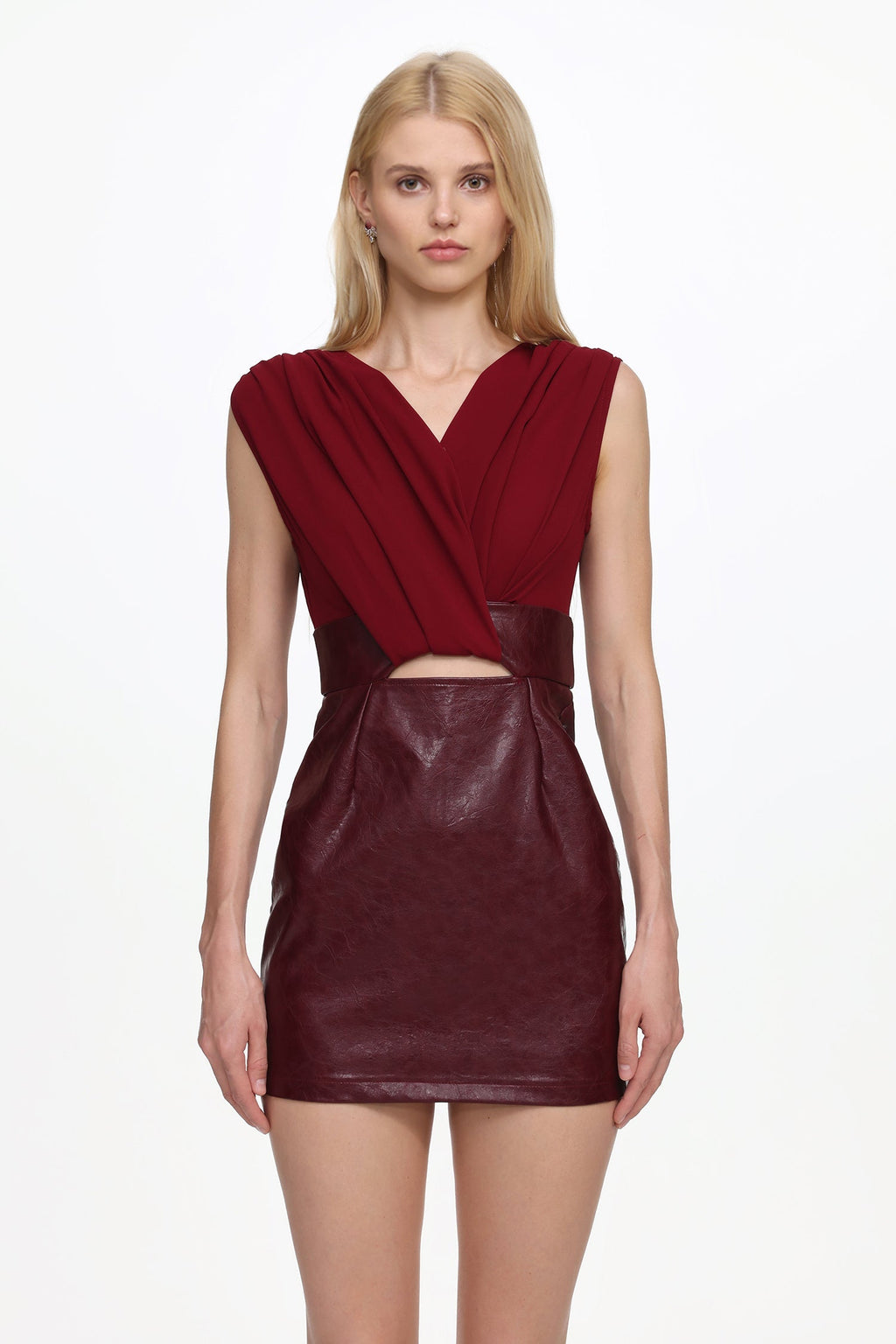 Ferina V Neck Ruched Faux Leather Mini Dress Avalabel
