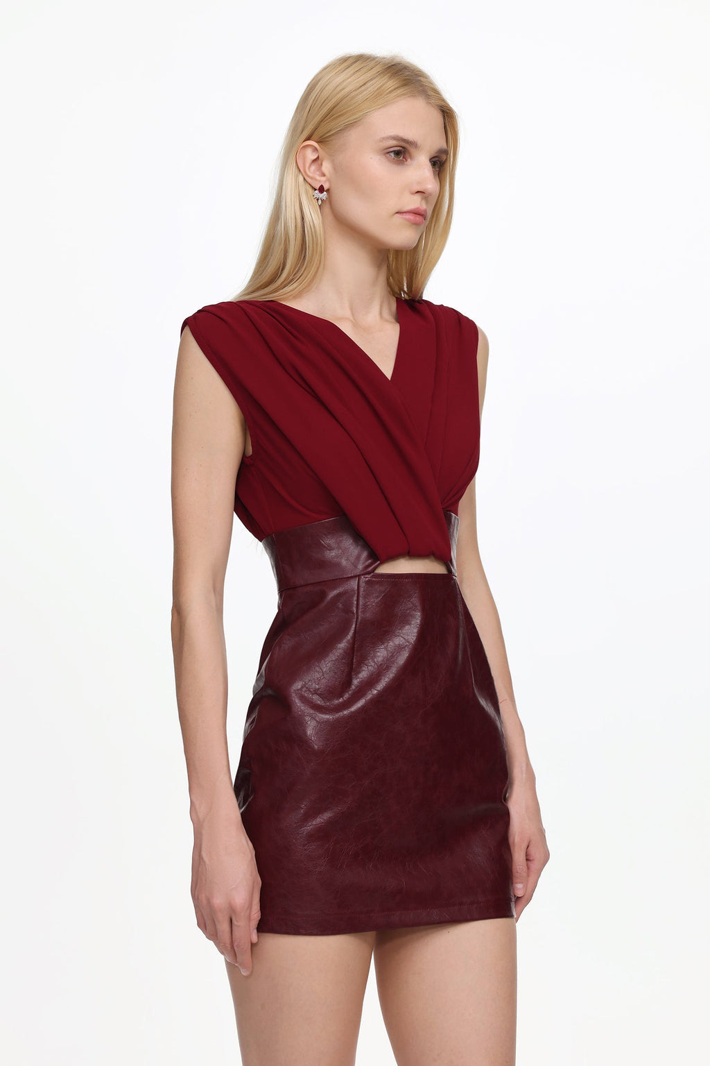 Ferina V Neck Ruched Faux Leather Mini Dress Avalabel