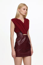 Ferina V Neck Ruched Faux Leather Mini Dress Avalabel