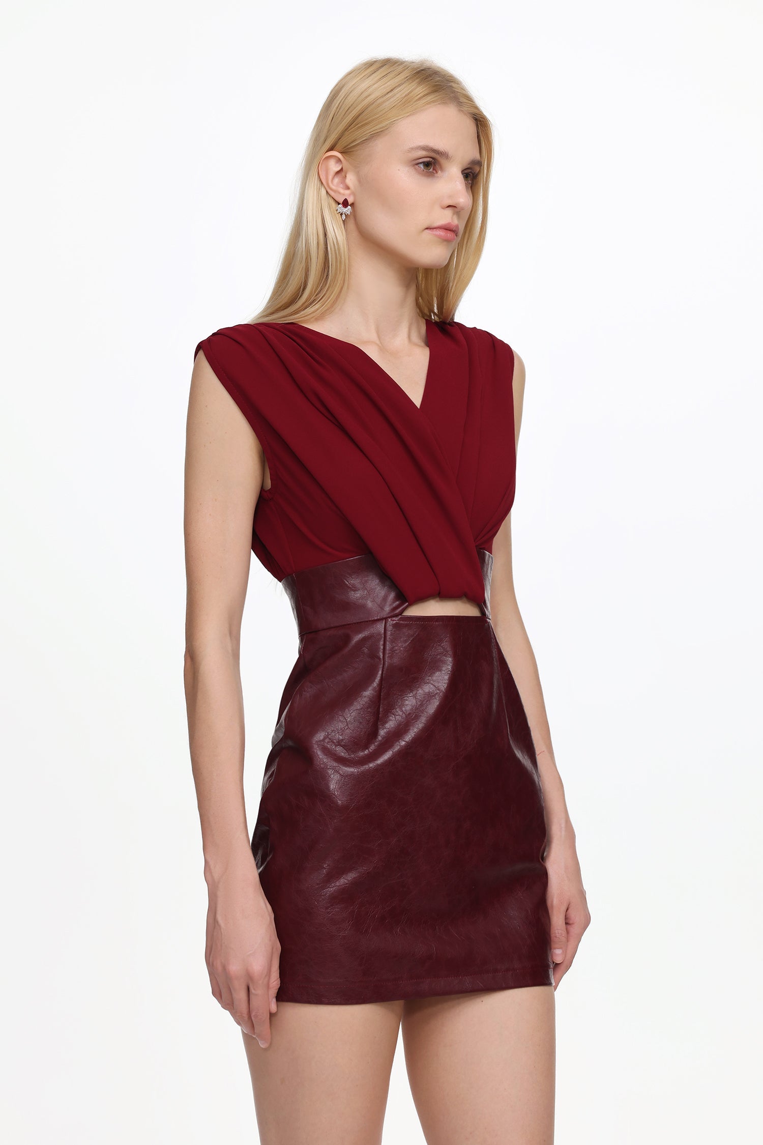 Ferina V Neck Ruched Faux Leather Mini Dress Avalabel