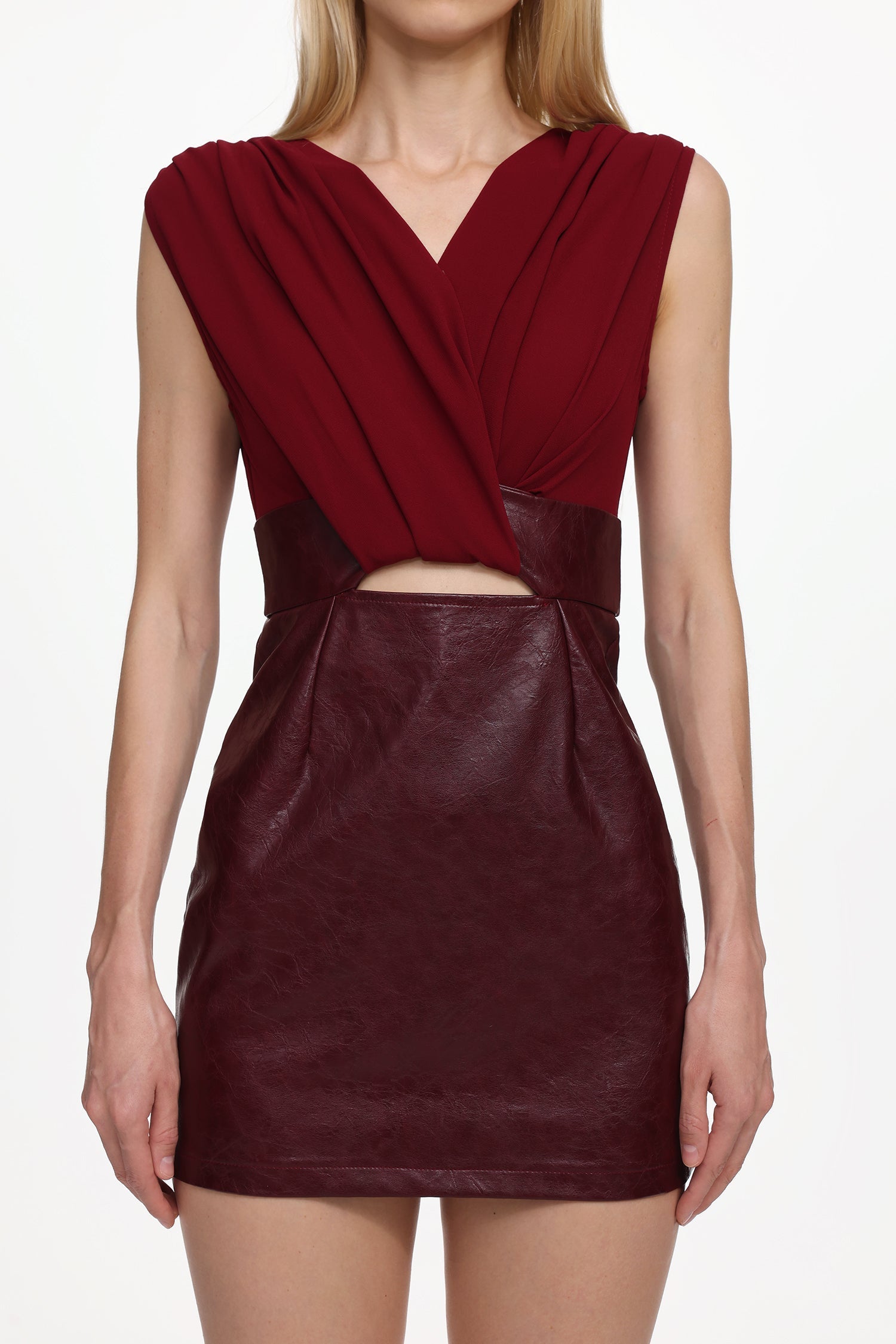 Ferina V Neck Ruched Faux Leather Mini Dress Avalabel