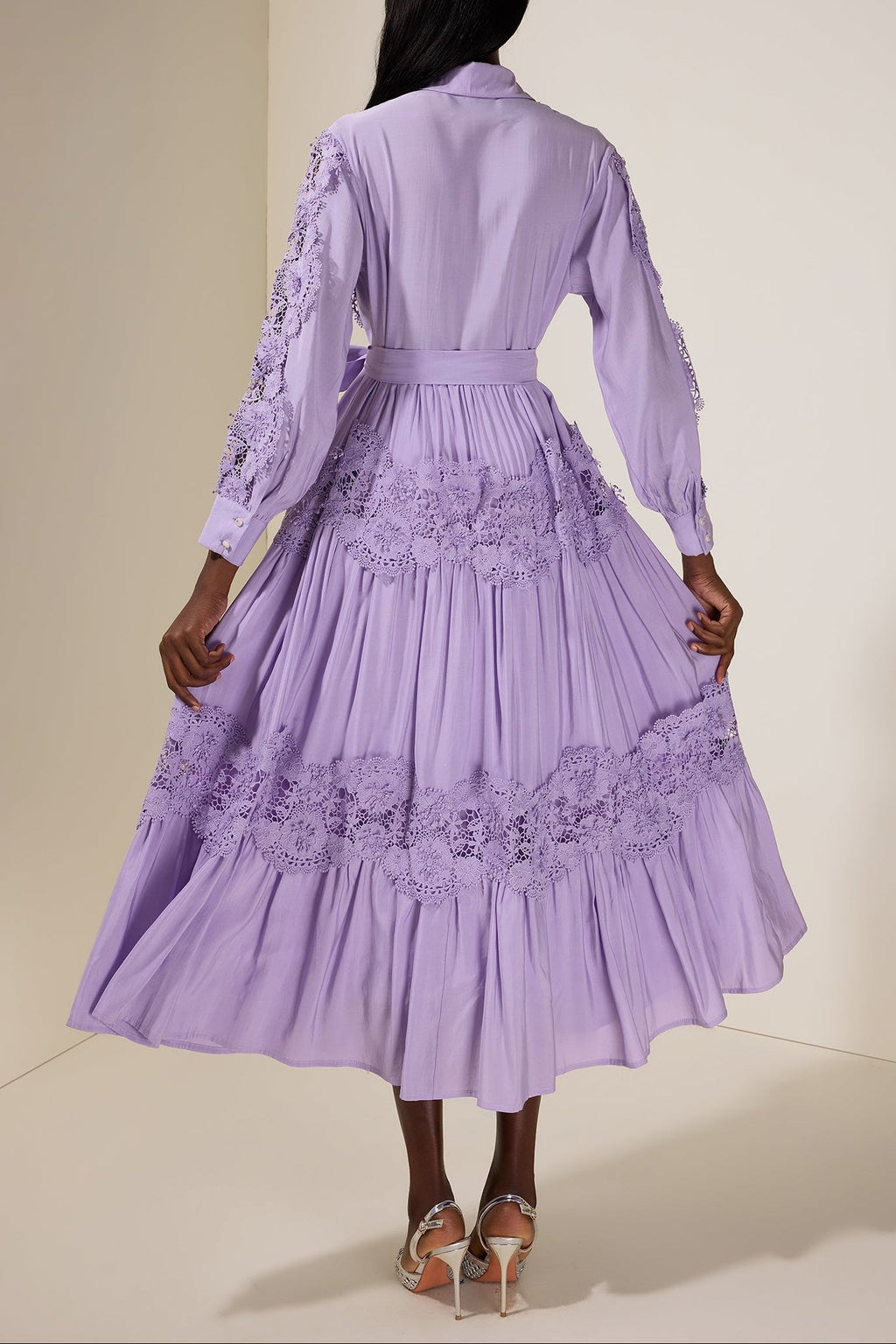 Alexandra Splicing Flapped Lace hollow Midi Dress in purple Avalabel