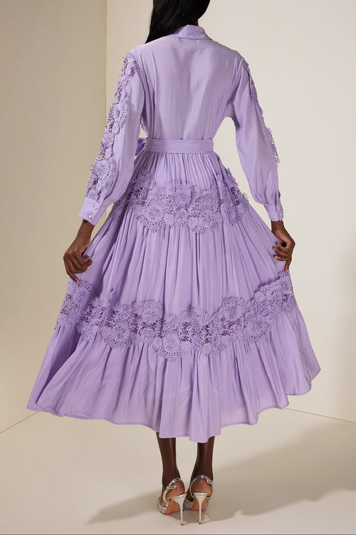 Alexandra Splicing Flapped Lace hollow Midi Dress in purple Avalabel