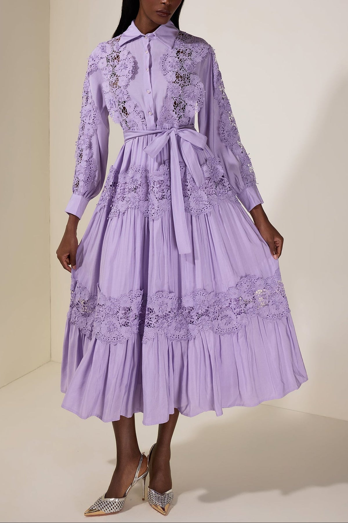Alexandra Splicing Flapped Lace hollow Midi Dress in purple Avalabel