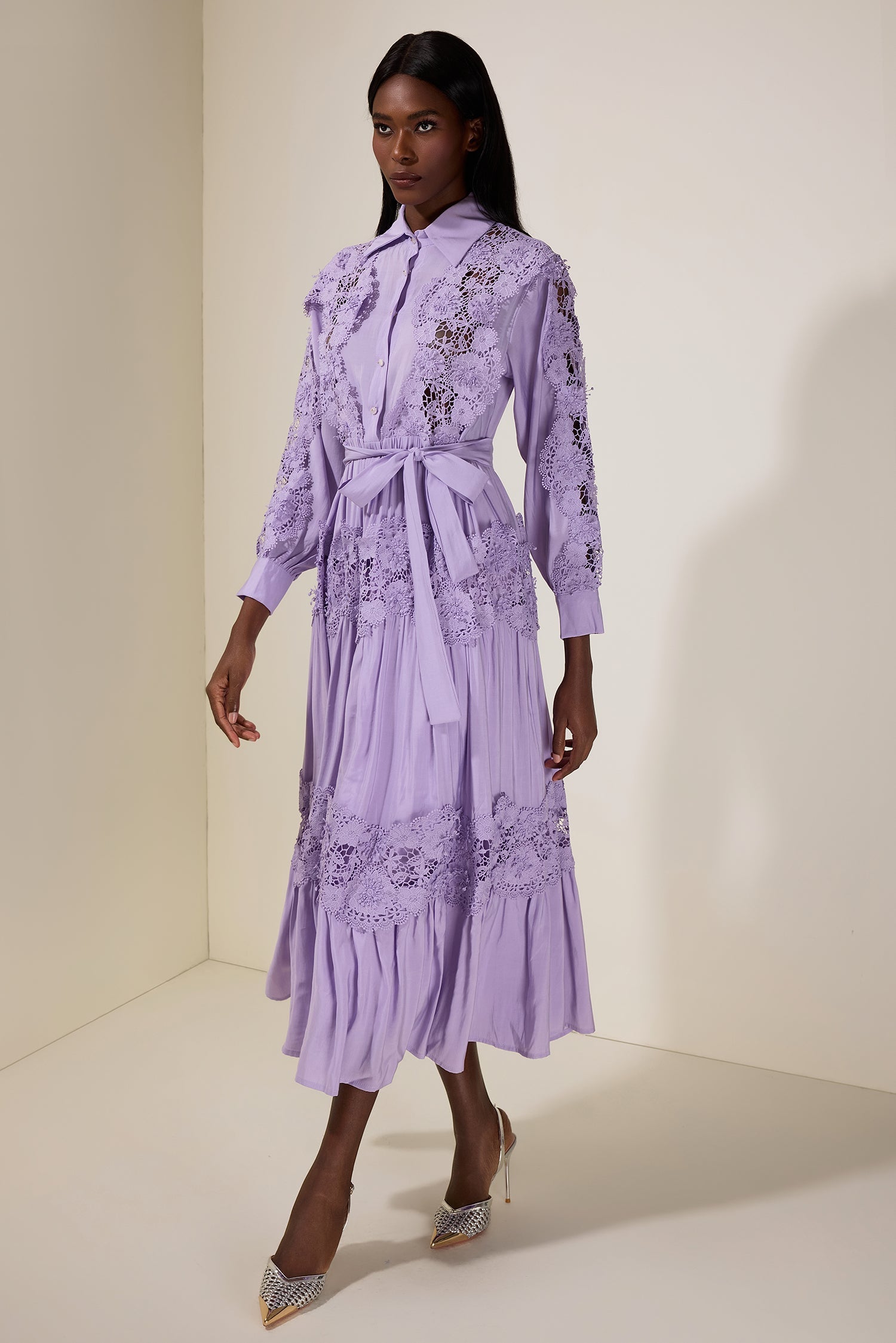 Alexandra Splicing Flapped Lace hollow Midi Dress in purple Avalabel