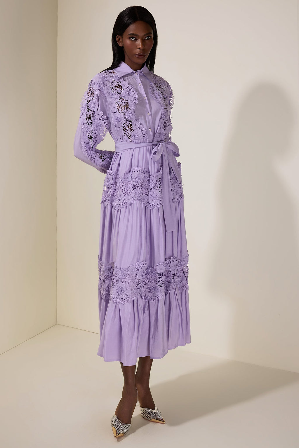 Alexandra Splicing Flapped Lace hollow Midi Dress in purple Avalabel