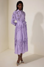 Alexandra Splicing Flapped Lace hollow Midi Dress in purple Avalabel