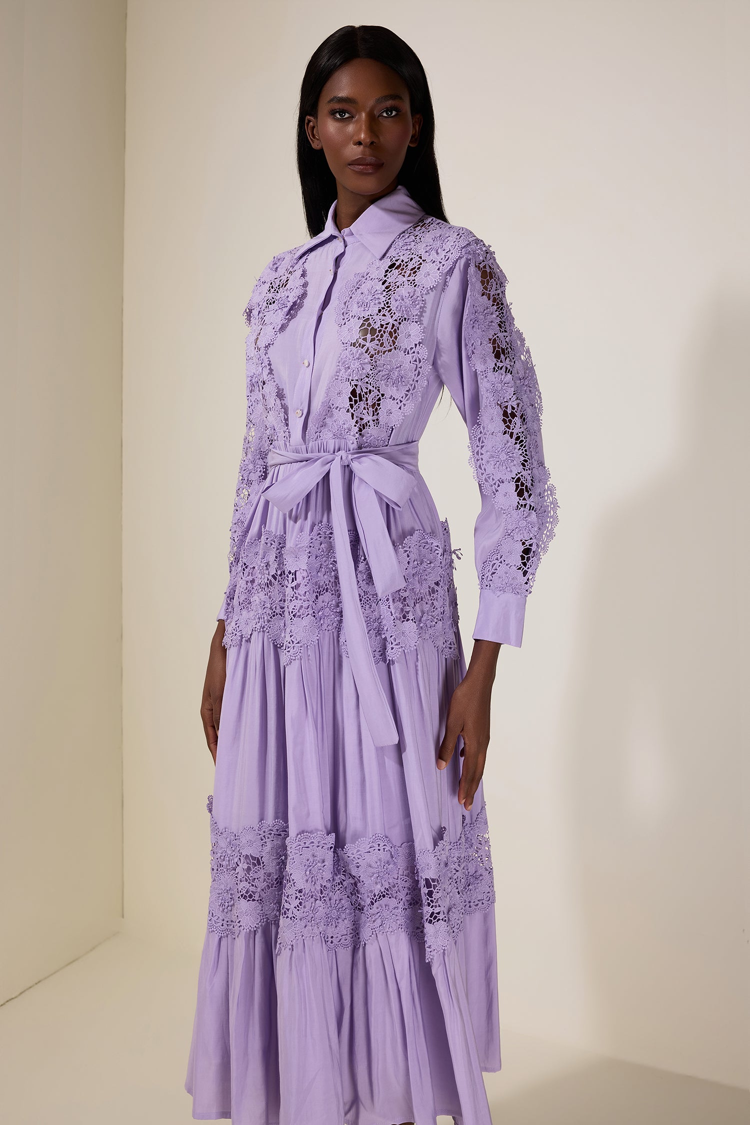 Alexandra Splicing Flapped Lace hollow Midi Dress in purple Avalabel