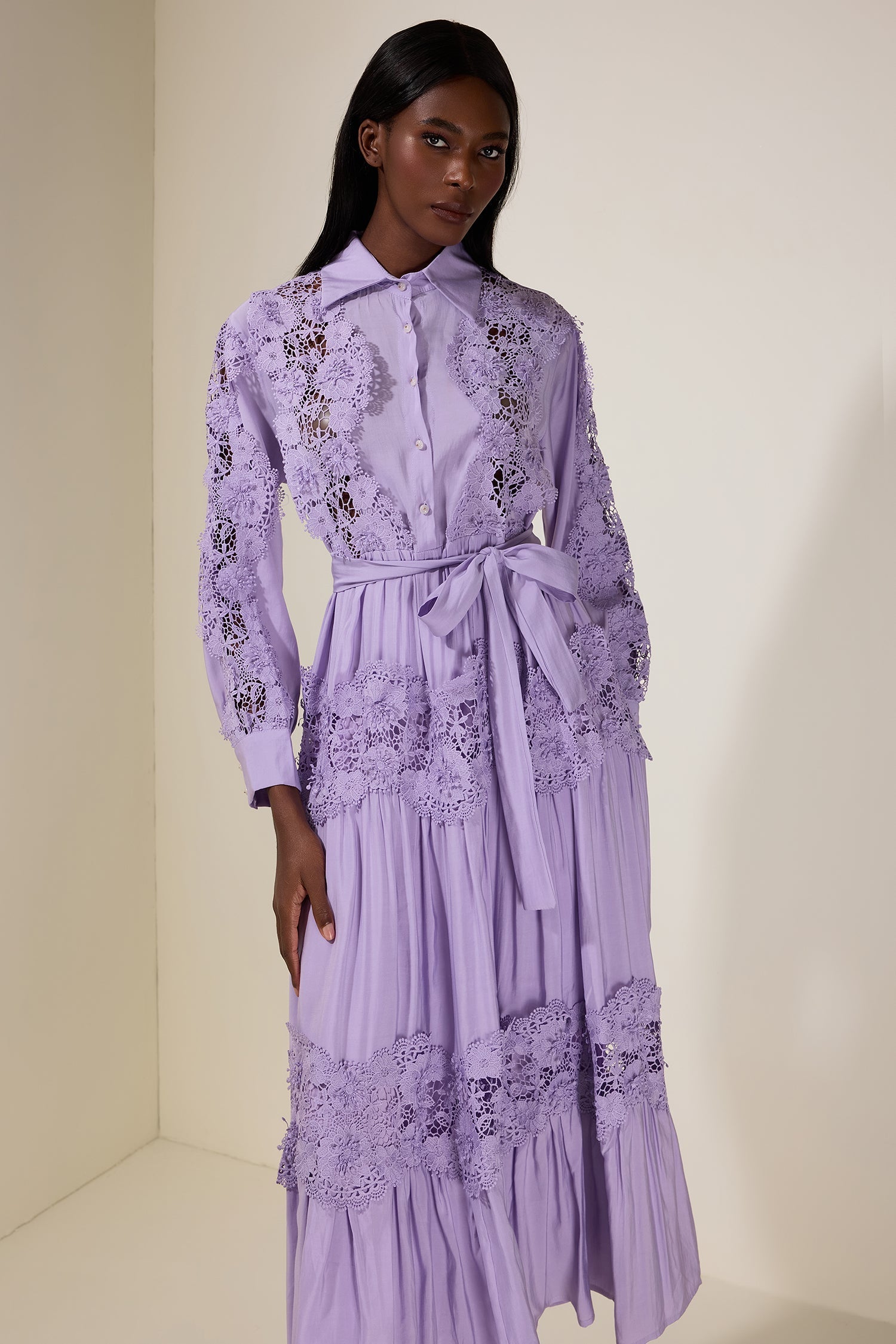 Alexandra Splicing Flapped Lace hollow Midi Dress in purple Avalabel