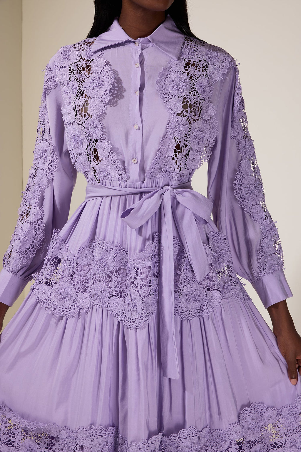 Alexandra Splicing Flapped Lace hollow Midi Dress in purple Avalabel