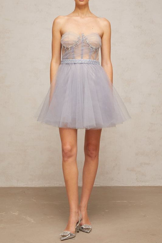 madeline grey embellished puff tulle mini dress