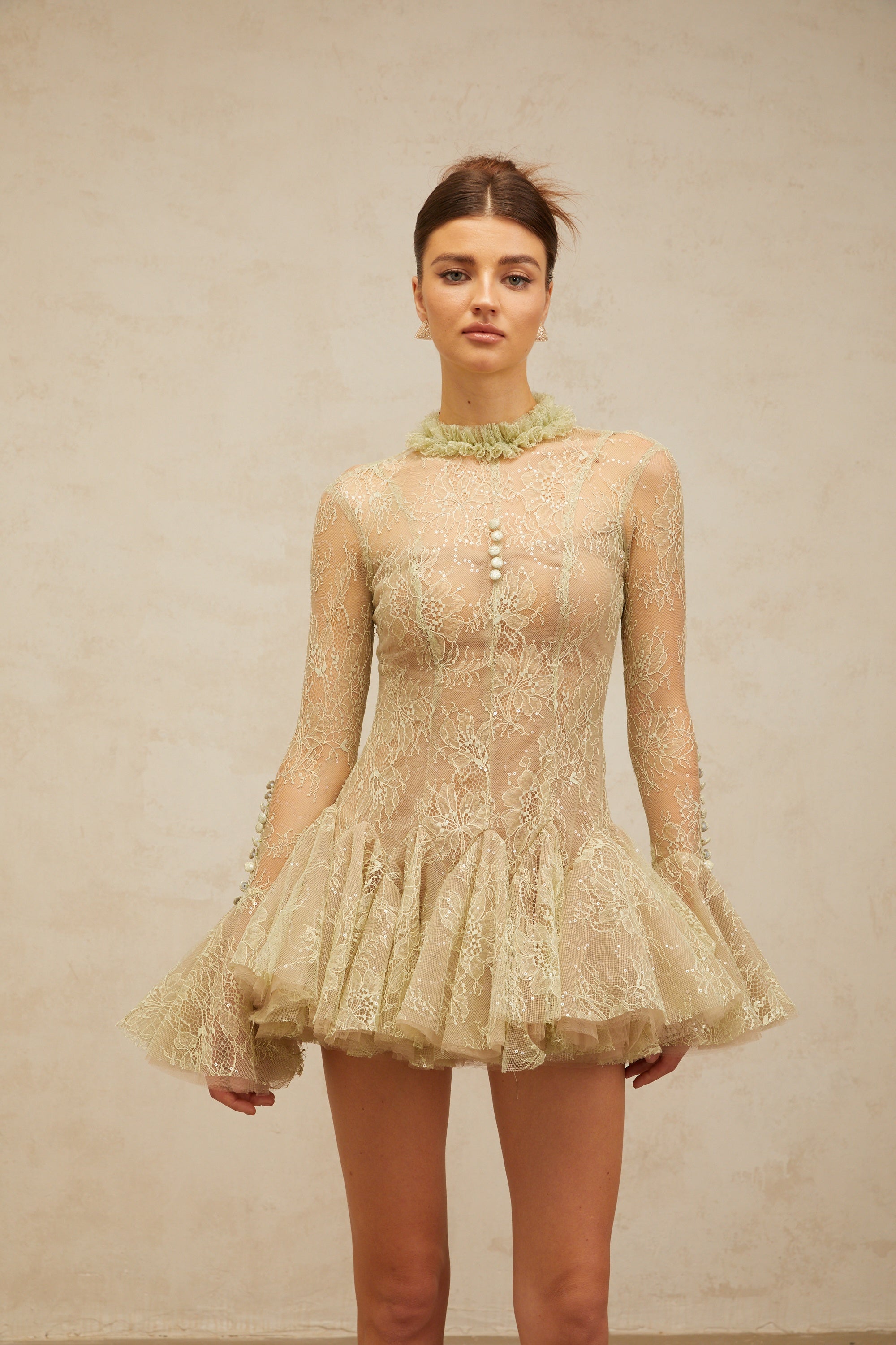 Green Embroidered Flared Mini Dress Avalabel
