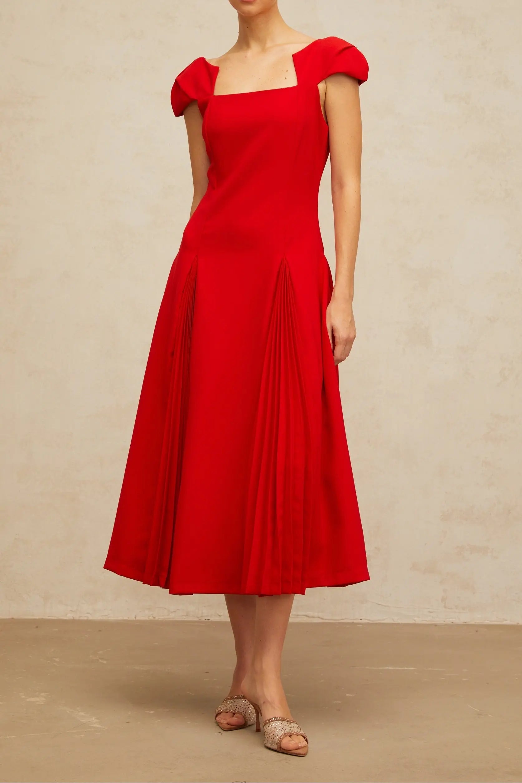 Gervaise Red Pleated-Detail Flared Midi Dress Avalabel