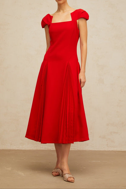 Gervaise Red Pleated-Detail Flared Midi Dress