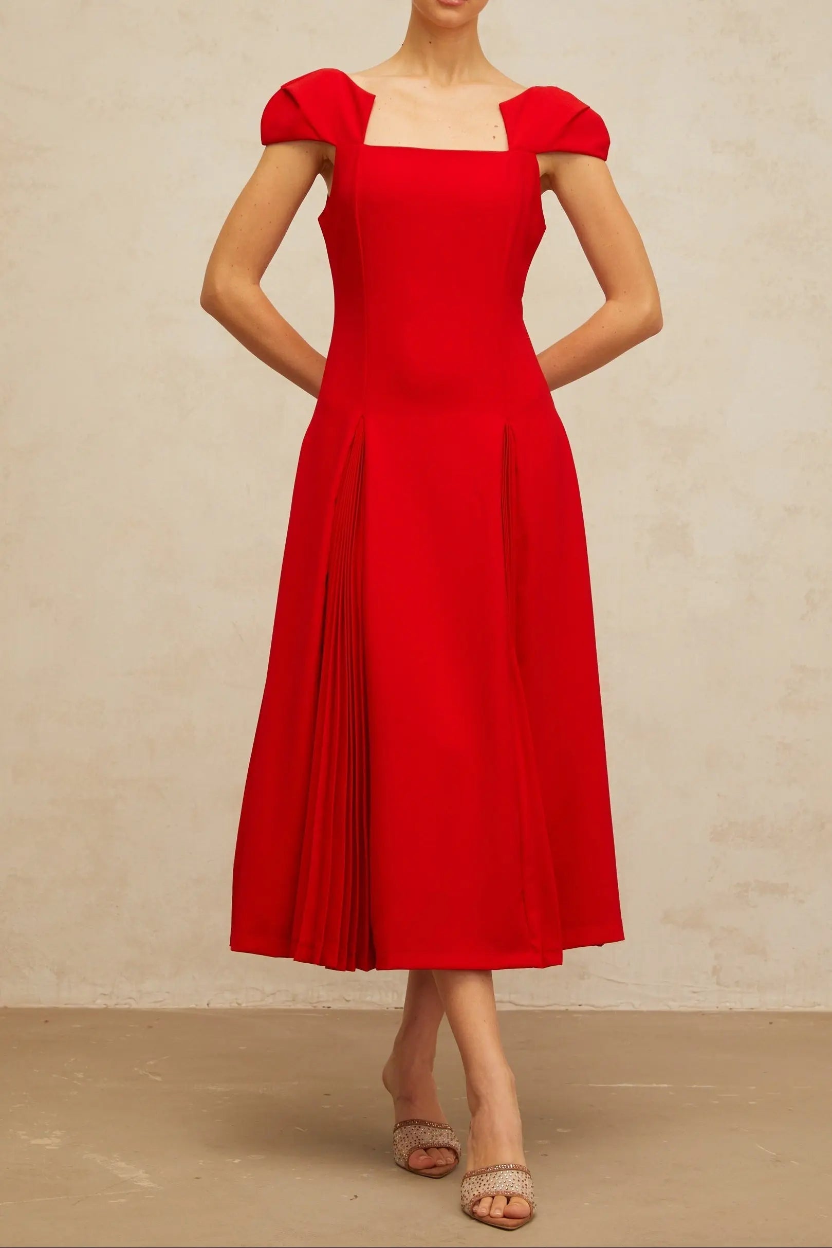Gervaise Red Pleated-Detail Flared Midi Dress Avalabel