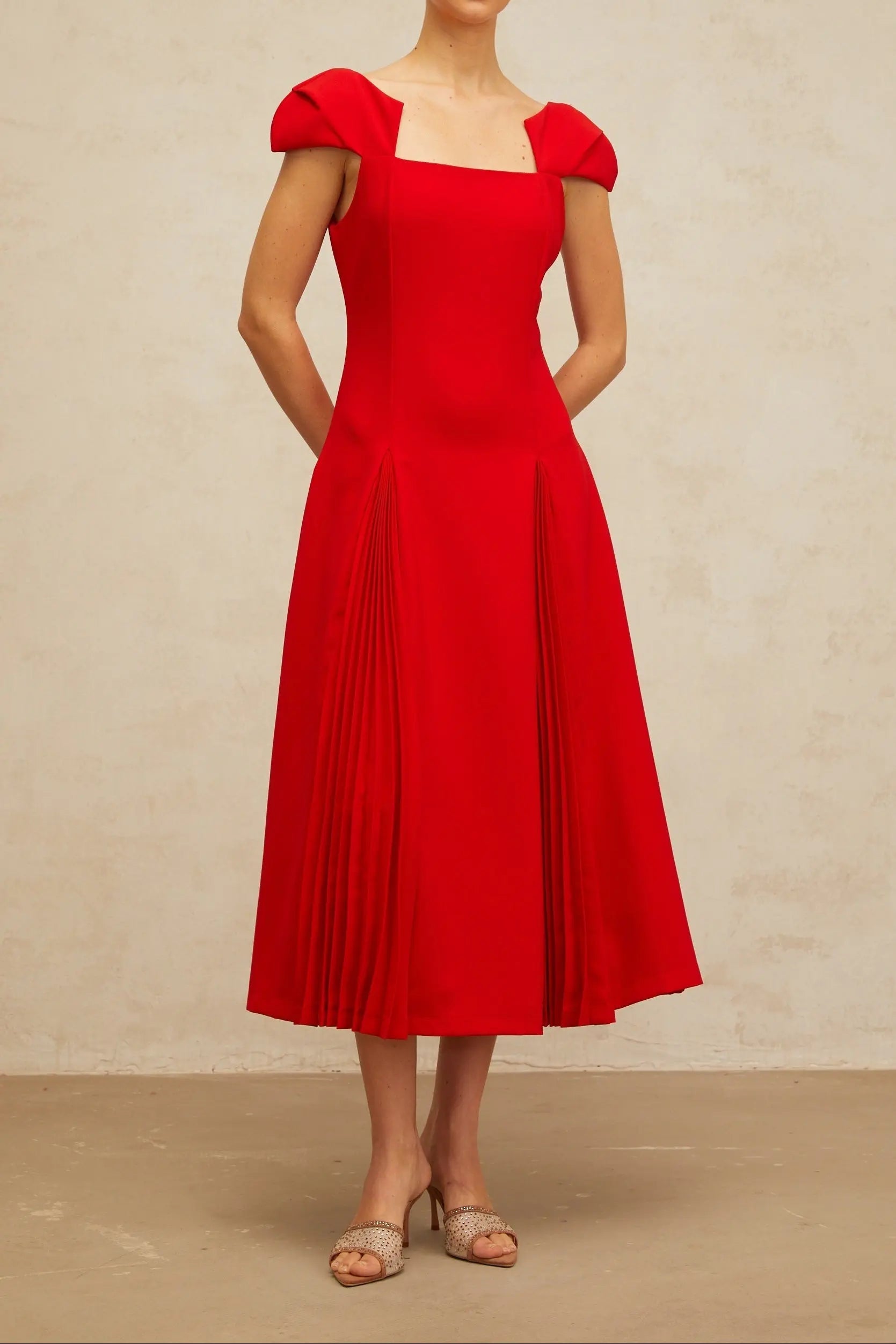 Gervaise Red Pleated-Detail Flared Midi Dress Avalabel