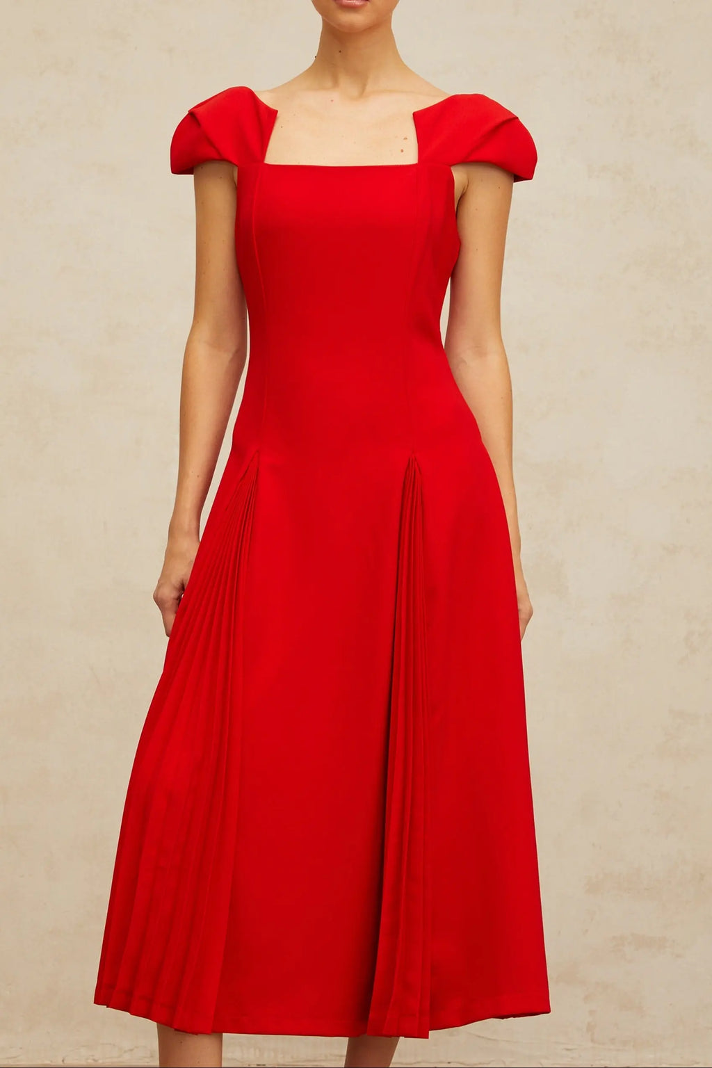 Gervaise Red Pleated-Detail Flared Midi Dress Avalabel