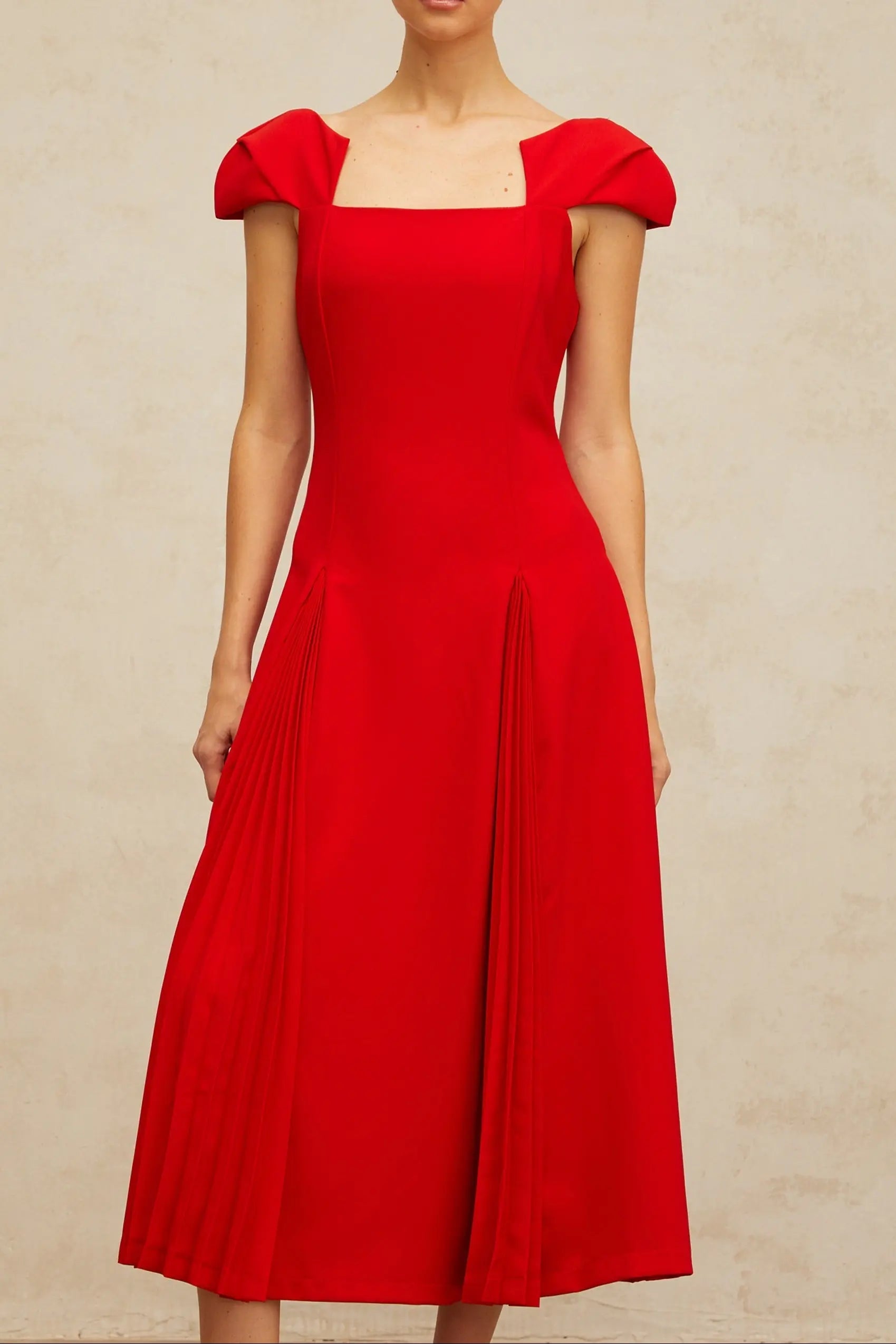 Gervaise Red Pleated-Detail Flared Midi Dress Avalabel