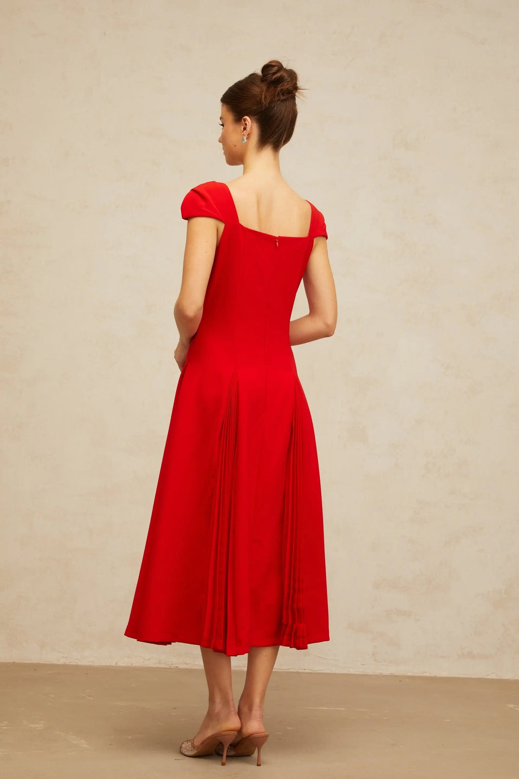 Gervaise Red Pleated-Detail Flared Midi Dress Avalabel