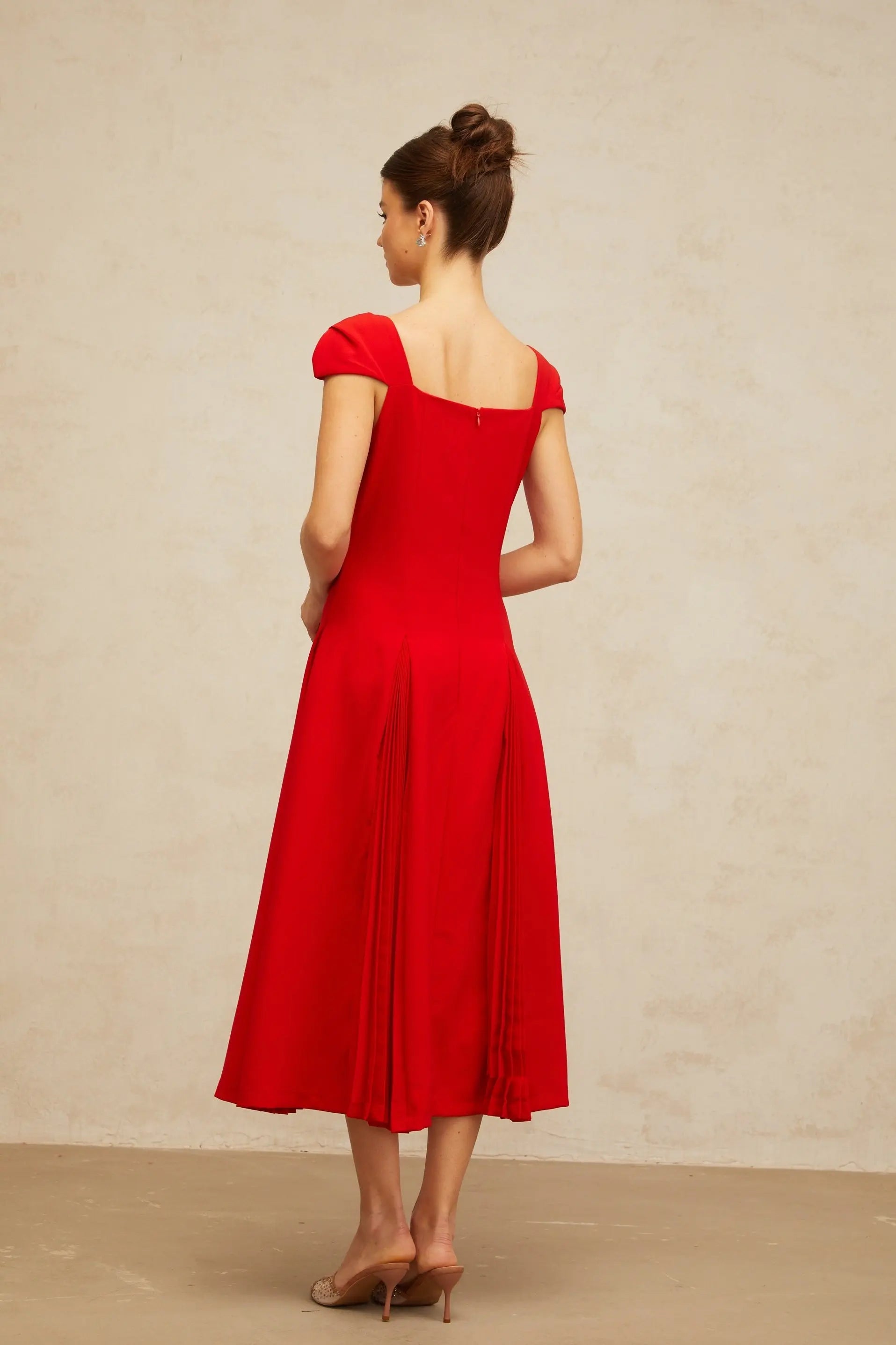 Gervaise Red Pleated-Detail Flared Midi Dress Avalabel