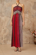 Ulysse Red Metallic Knit Halterneck Maxi Dress Avalabel