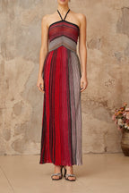Ulysse Red Metallic Knit Halterneck Maxi Dress Avalabel