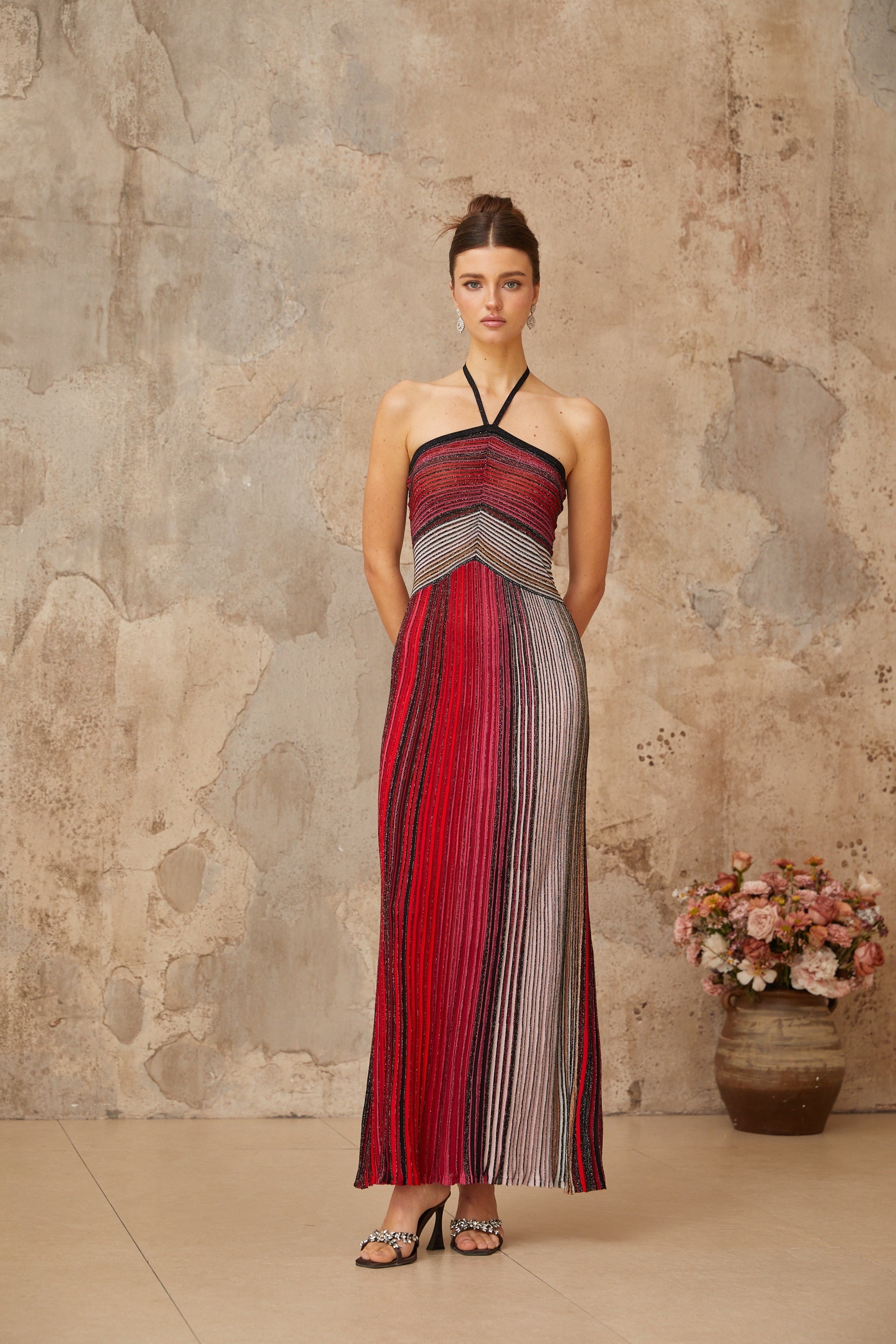 Ulysse Red Metallic Knit Halterneck Maxi Dress Avalabel