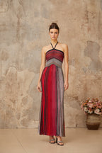 Ulysse Red Metallic Knit Halterneck Maxi Dress Avalabel