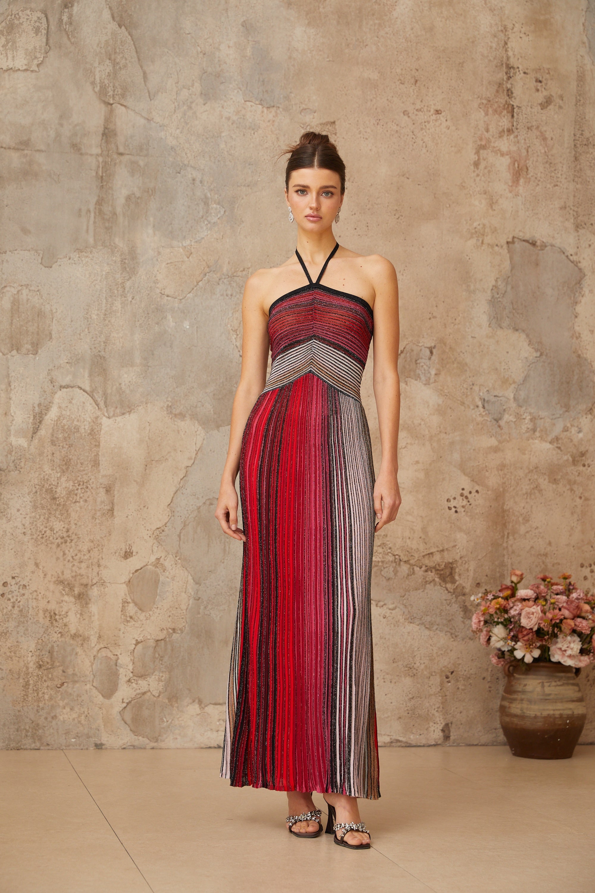 Ulysse Red Metallic Knit Halterneck Maxi Dress Avalabel