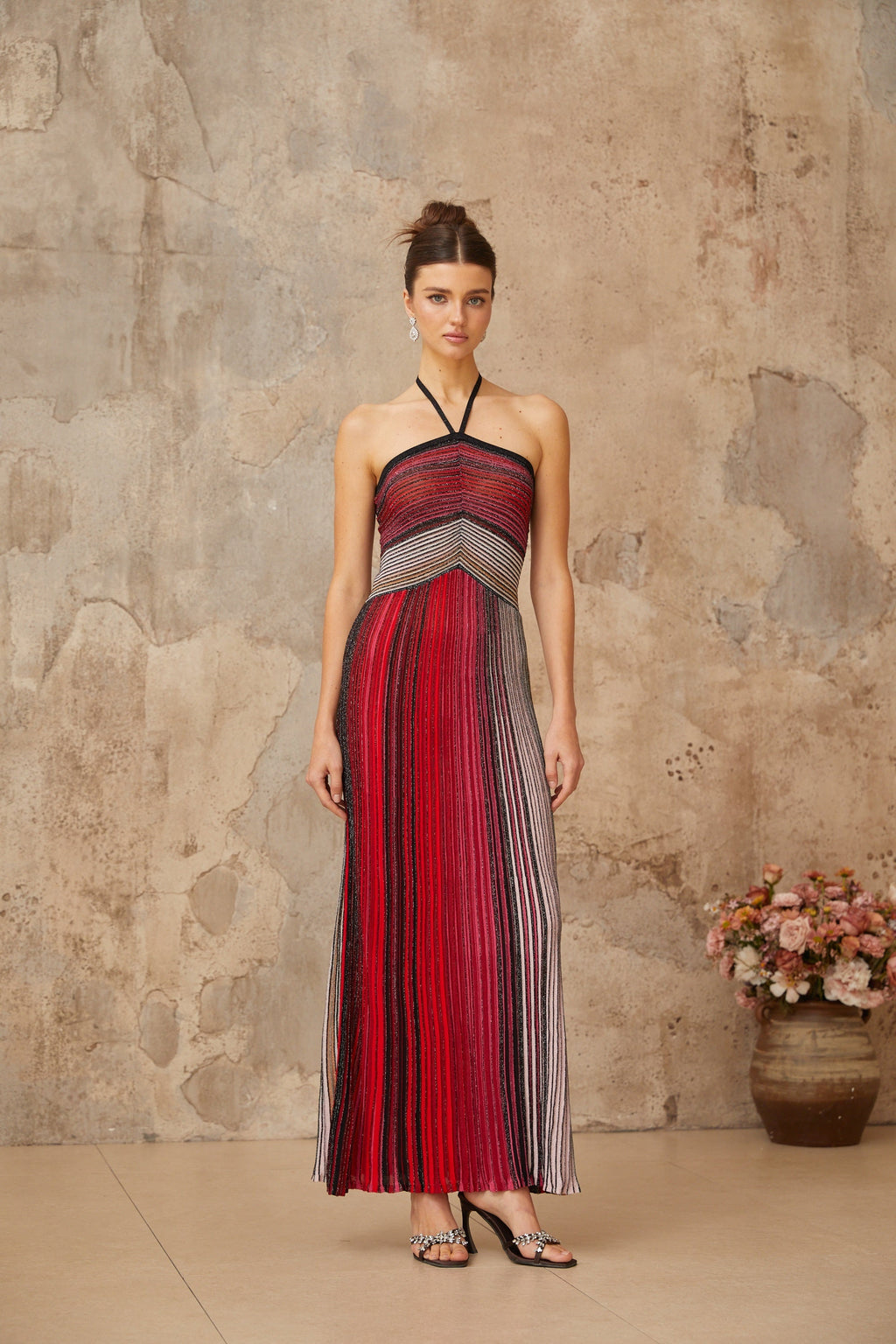 Ulysse Red Metallic Knit Halterneck Maxi Dress Avalabel