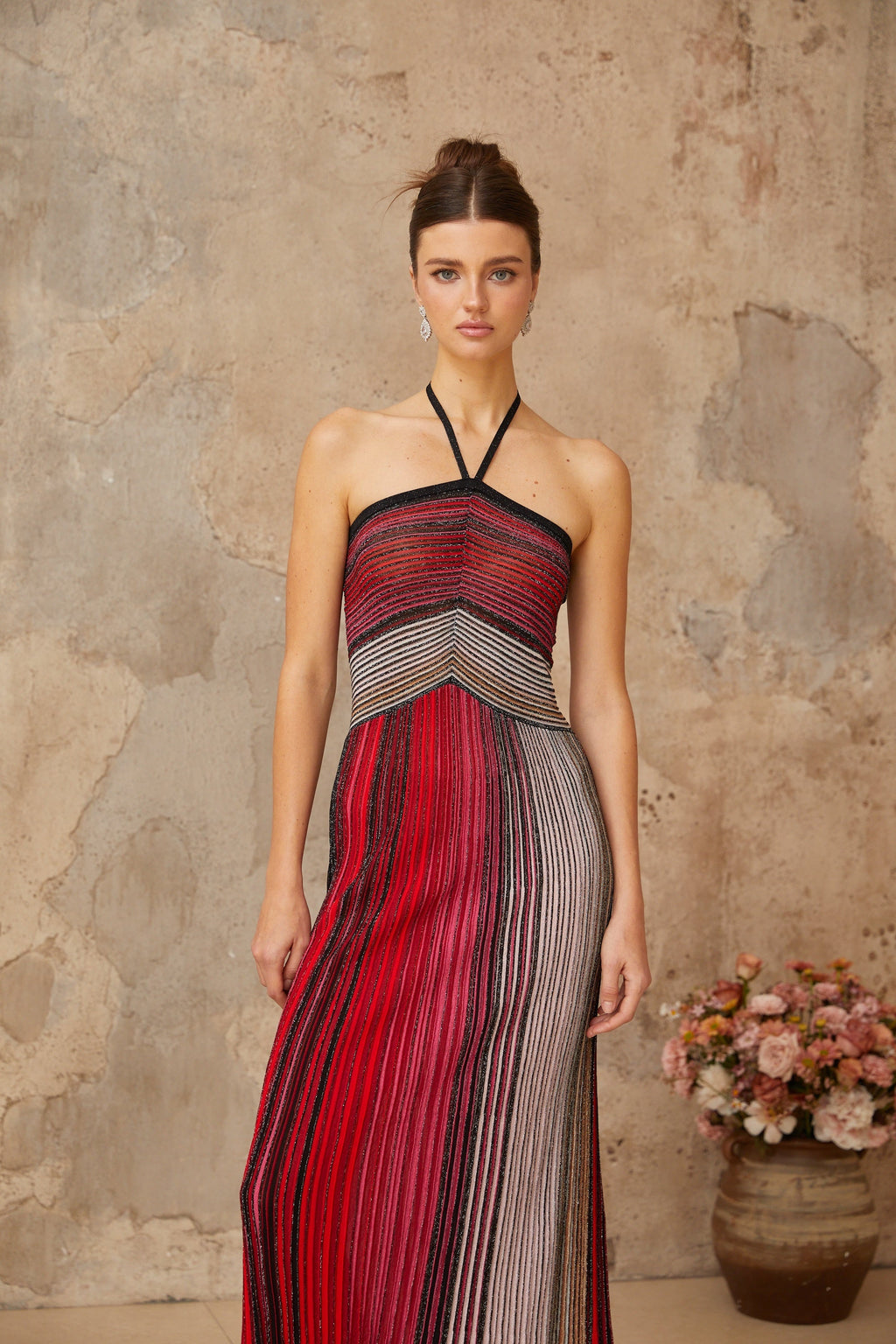 Ulysse Red Metallic Knit Halterneck Maxi Dress Avalabel