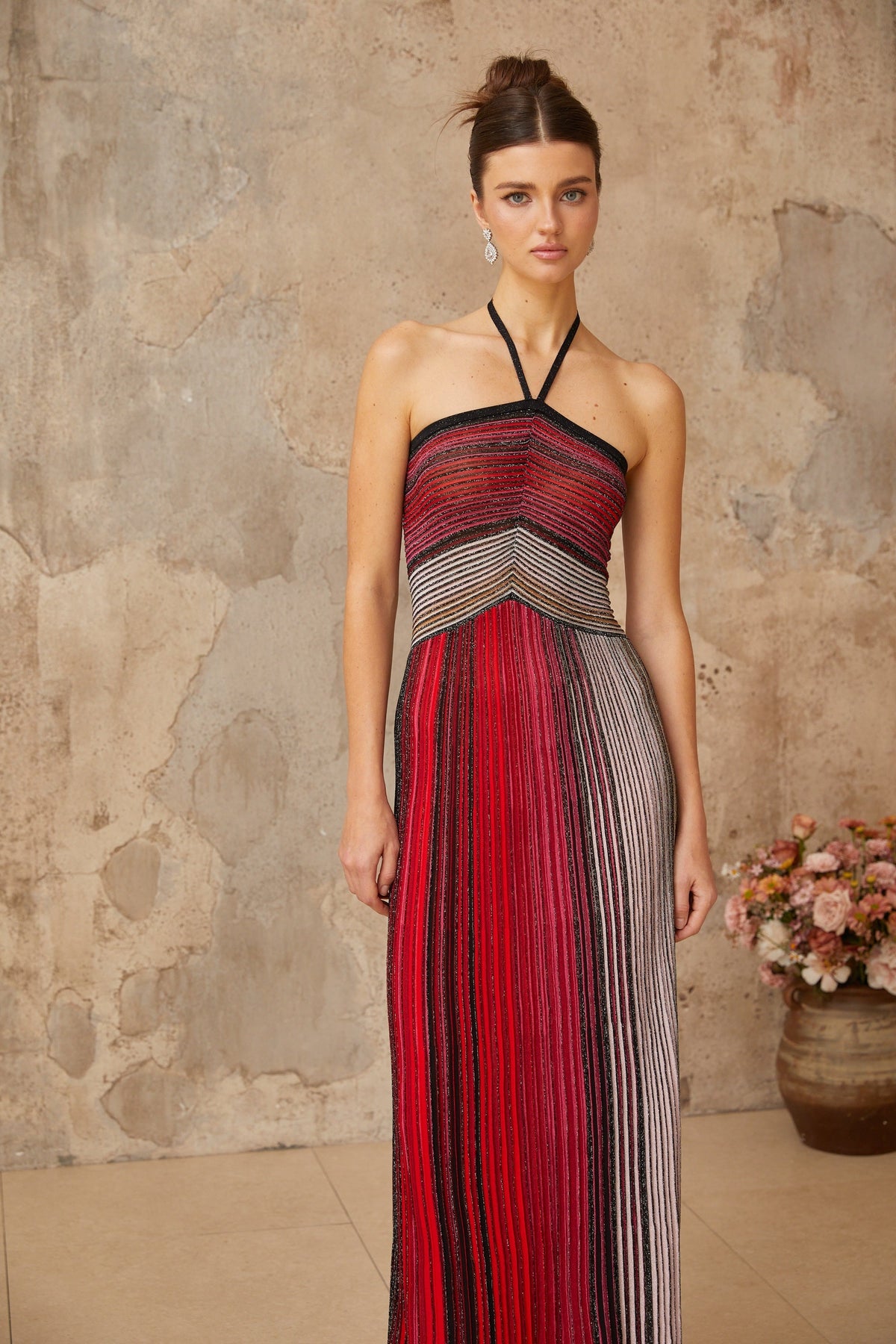 Ulysse Red Metallic Knit Halterneck Maxi Dress Avalabel