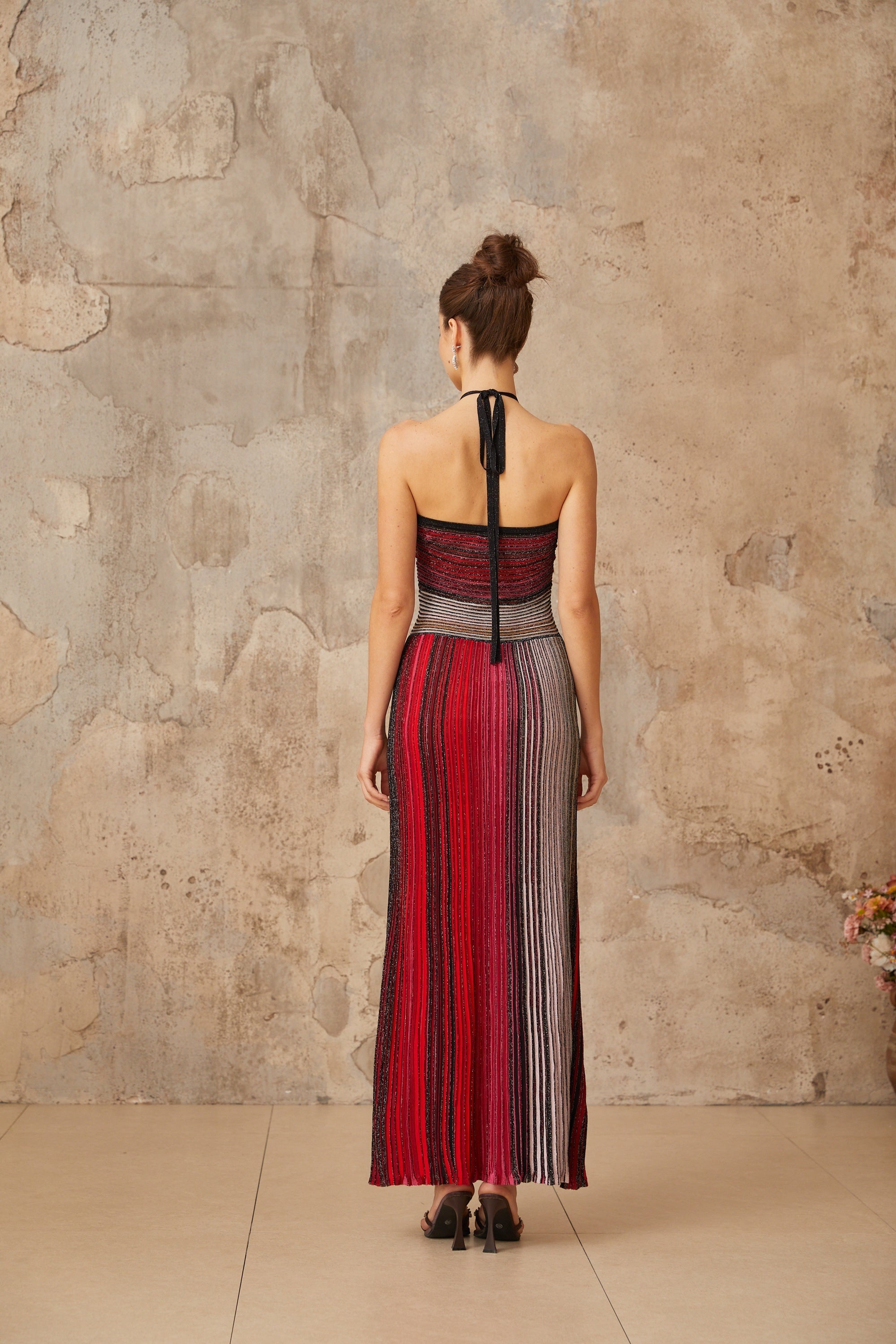 Ulysse Red Metallic Knit Halterneck Maxi Dress Avalabel