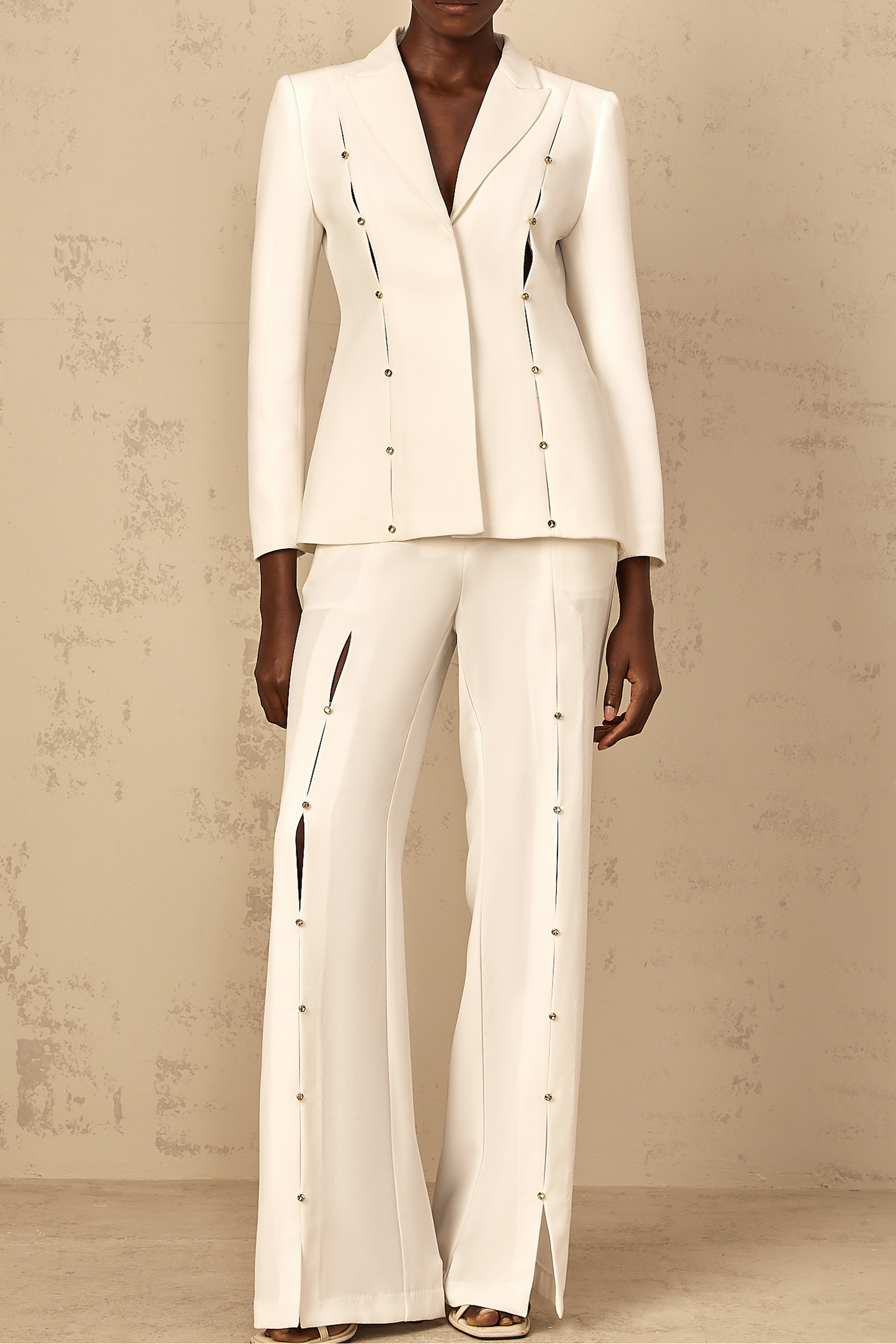 theresa diamond studded hollow out blazer set in white
