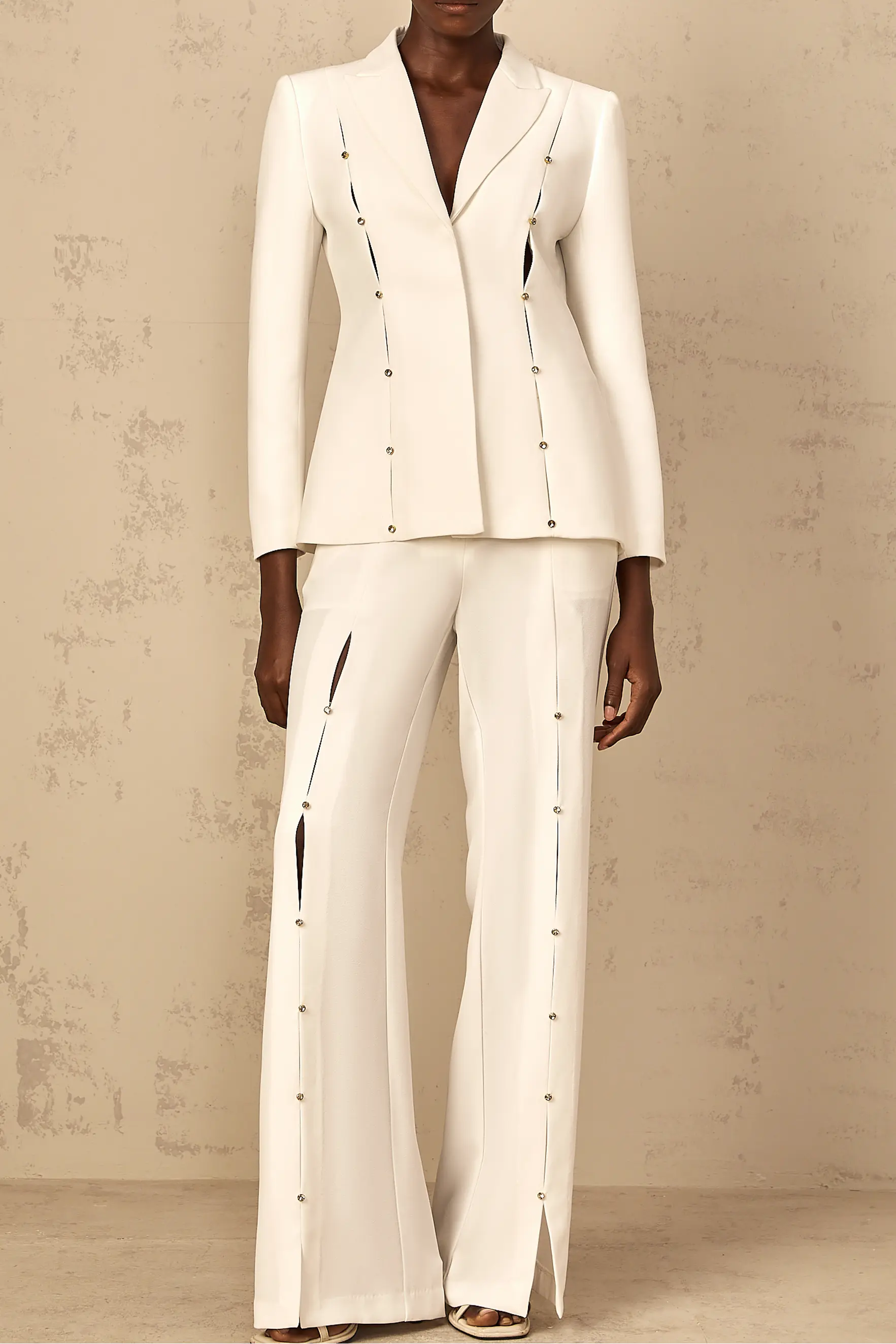 theresa diamond studded hollow out blazer set in white Avalabel