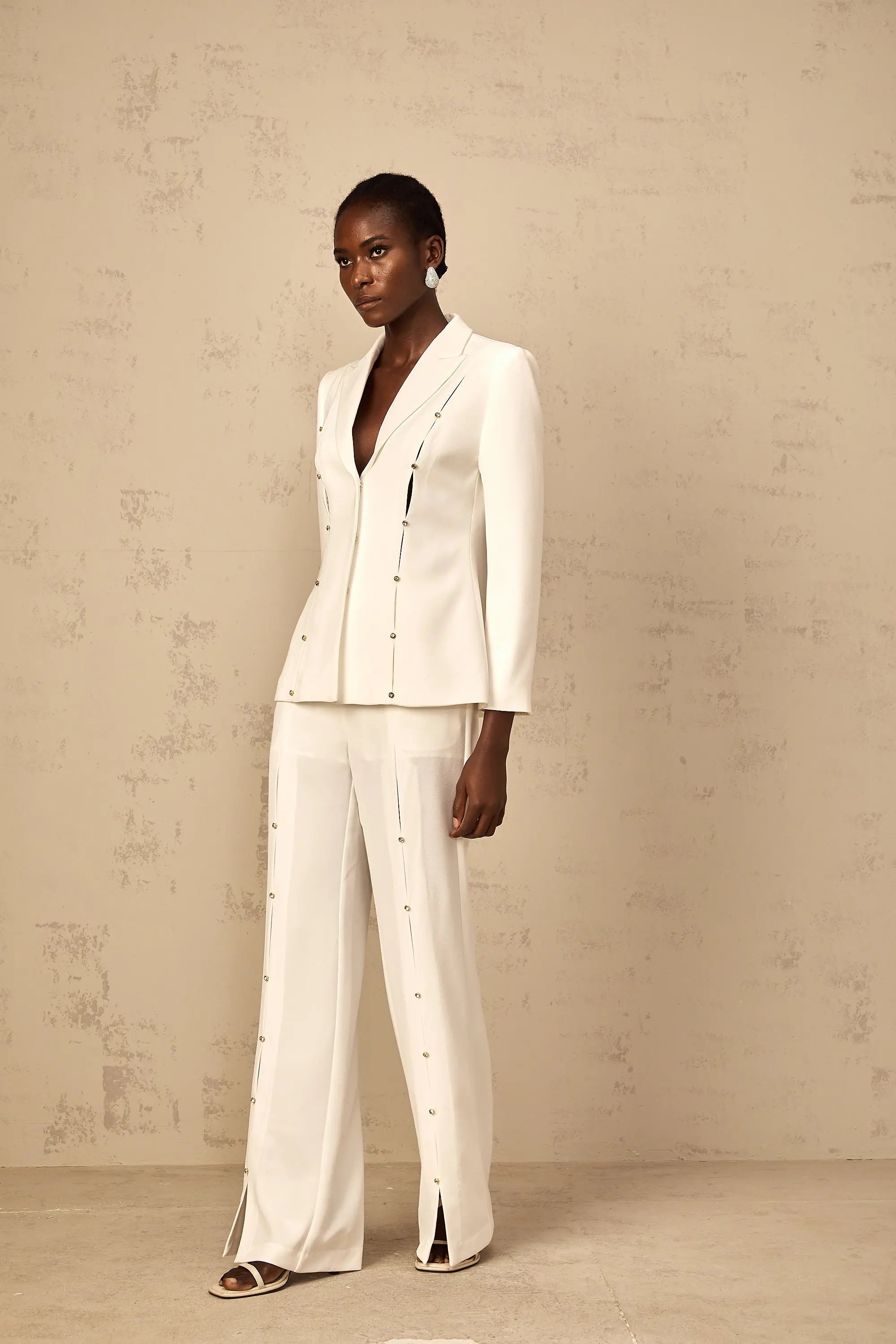 theresa diamond studded hollow out blazer set in white Avalabel