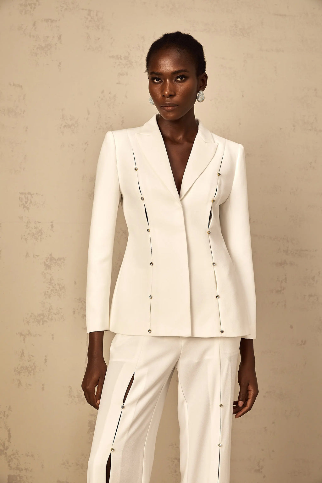theresa diamond studded hollow out blazer set in white Avalabel