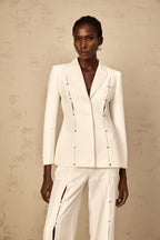 theresa diamond studded hollow out blazer set in white Avalabel