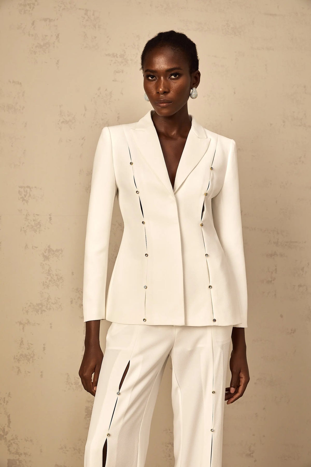 theresa diamond studded hollow out blazer set in white Avalabel