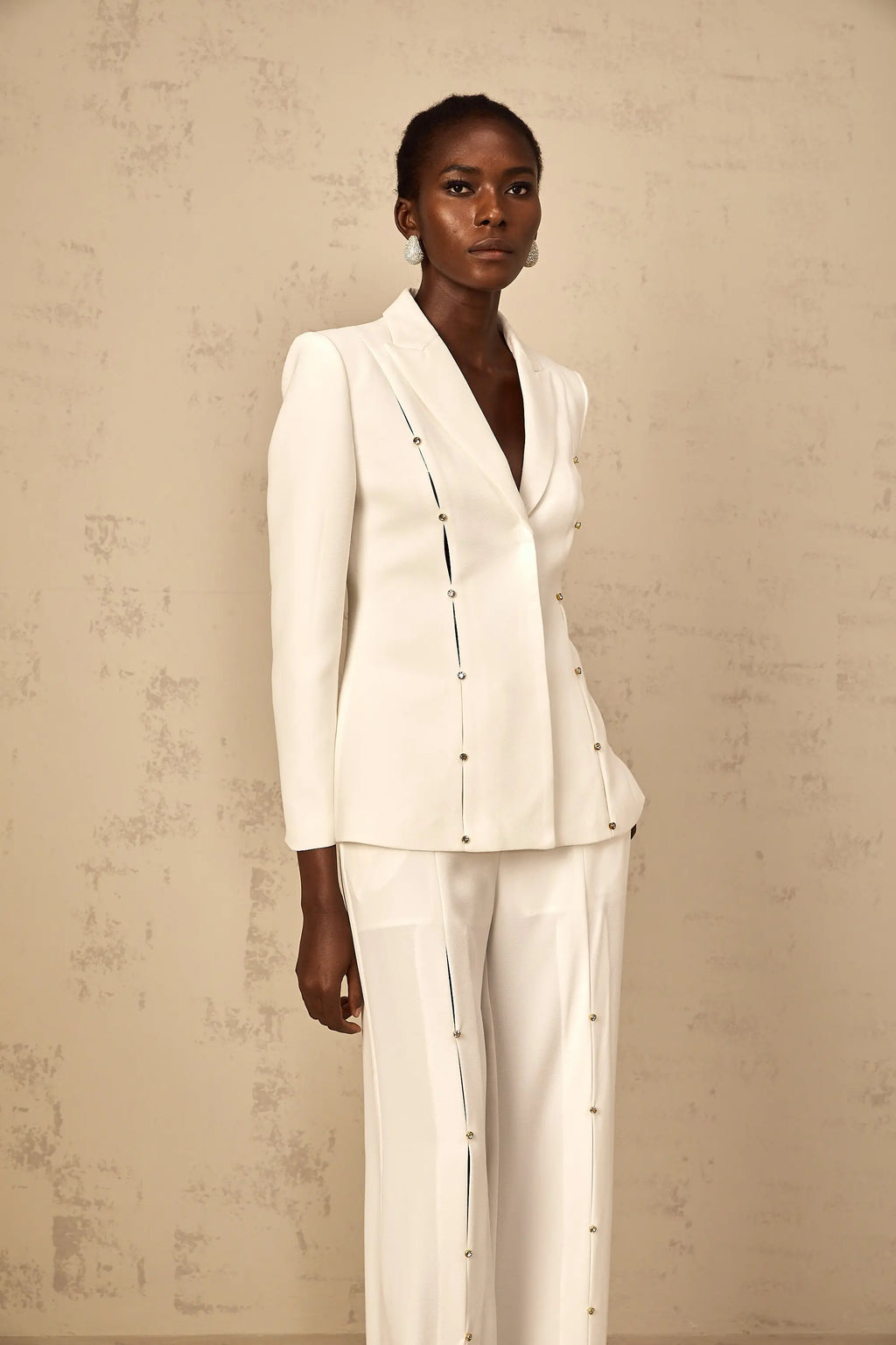 theresa diamond studded hollow out blazer set in white Avalabel