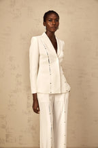 theresa diamond studded hollow out blazer set in white Avalabel