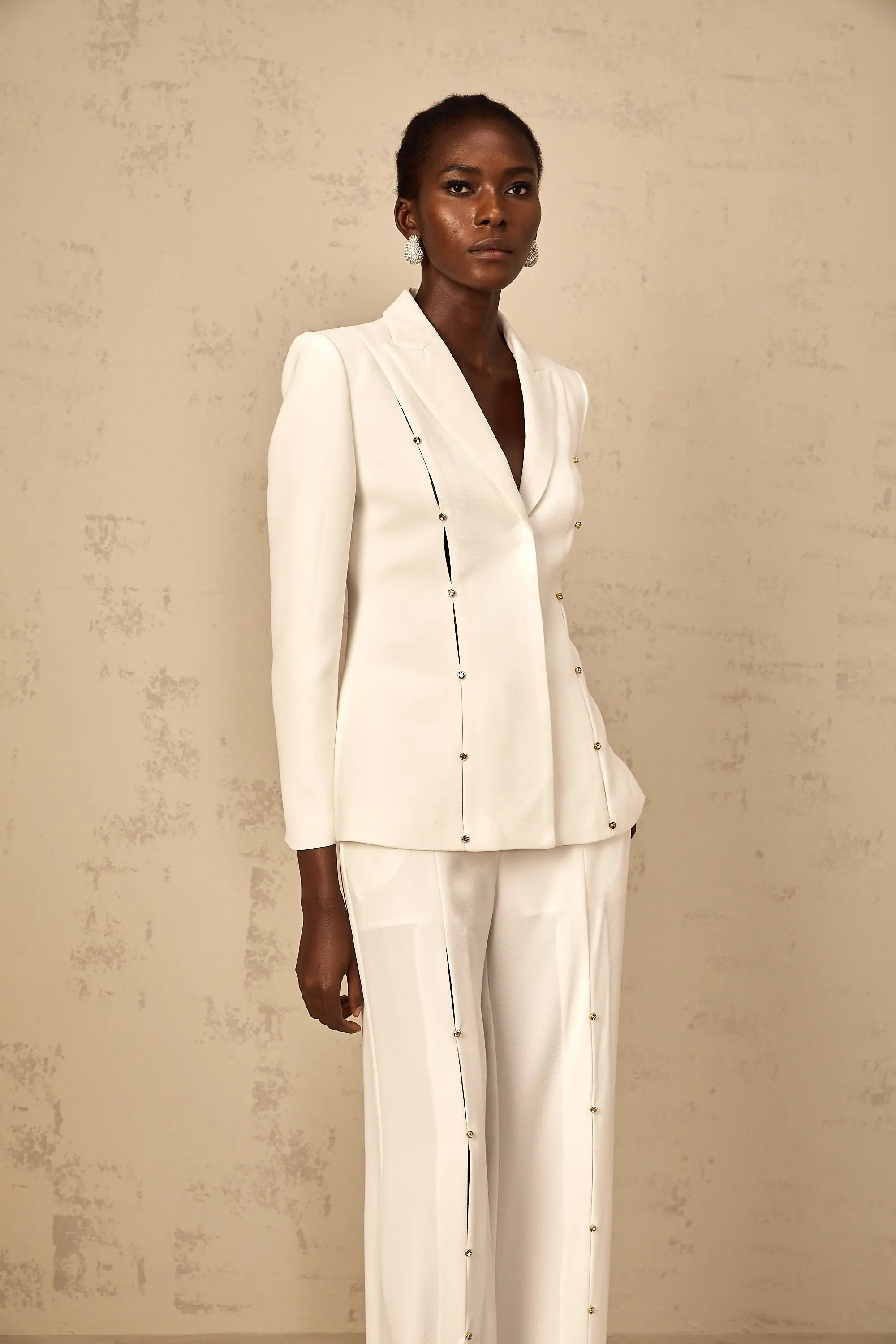 theresa diamond studded hollow out blazer set in white Avalabel