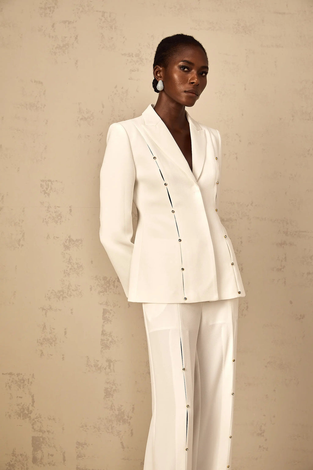 theresa diamond studded hollow out blazer set in white Avalabel